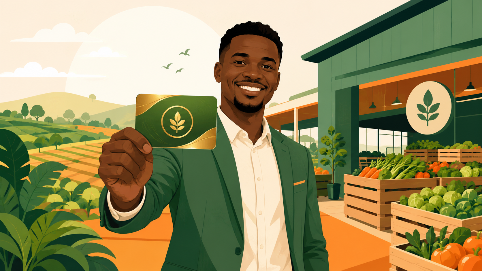 Entrepreneur africain présentant sa carte de membre Jangolo devant un décor agribusiness