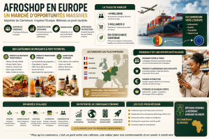 Infographie afroshop Europe et import depuis le Cameroun : marché de 9 millions de consommateurs et 3 milliards d'euros