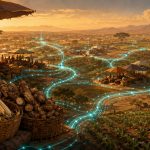 Editorial illustration of agricultural markets across an African landscape connected by glowing teal data pathways representing real-time market price information flowing between producers, traders, and buyers.