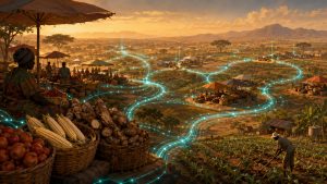 Editorial illustration of agricultural markets across an African landscape connected by glowing teal data pathways representing real-time market price information flowing between producers, traders, and buyers.