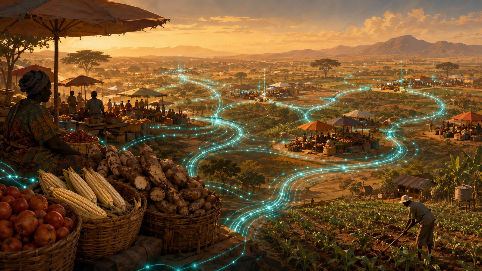 Editorial illustration of agricultural markets across an African landscape connected by glowing teal data pathways representing real-time market price information flowing between producers, traders, and buyers.