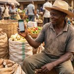 Agriculteur camerounais consultant les prix des marchés agricoles sur son téléphone