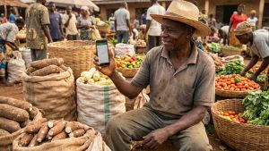 Agriculteur camerounais consultant les prix des marchés agricoles sur son téléphone