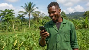 Agriculteur rural consultant son smartphone au Cameroun