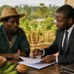 Droit et agriculture au Cameroun : un agriculteur et un conseiller juridique examinant un contrat