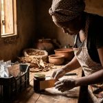 Artisan camerounais emballant un produit du terroir transformé en marque
