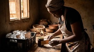 Artisan camerounais emballant un produit du terroir transformé en marque