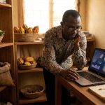 Chef d'entreprise camerounais analysant la maturité numérique de son activité