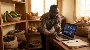 Chef d'entreprise camerounais analysant la maturité numérique de son activité