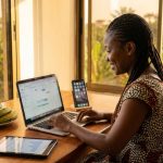 Agripreneur planifiant et automatisant ses publications sur ordinateur et téléphone