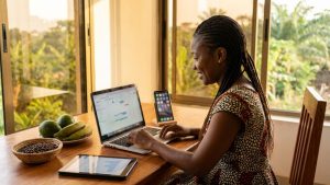 Agripreneur planifiant et automatisant ses publications sur ordinateur et téléphone