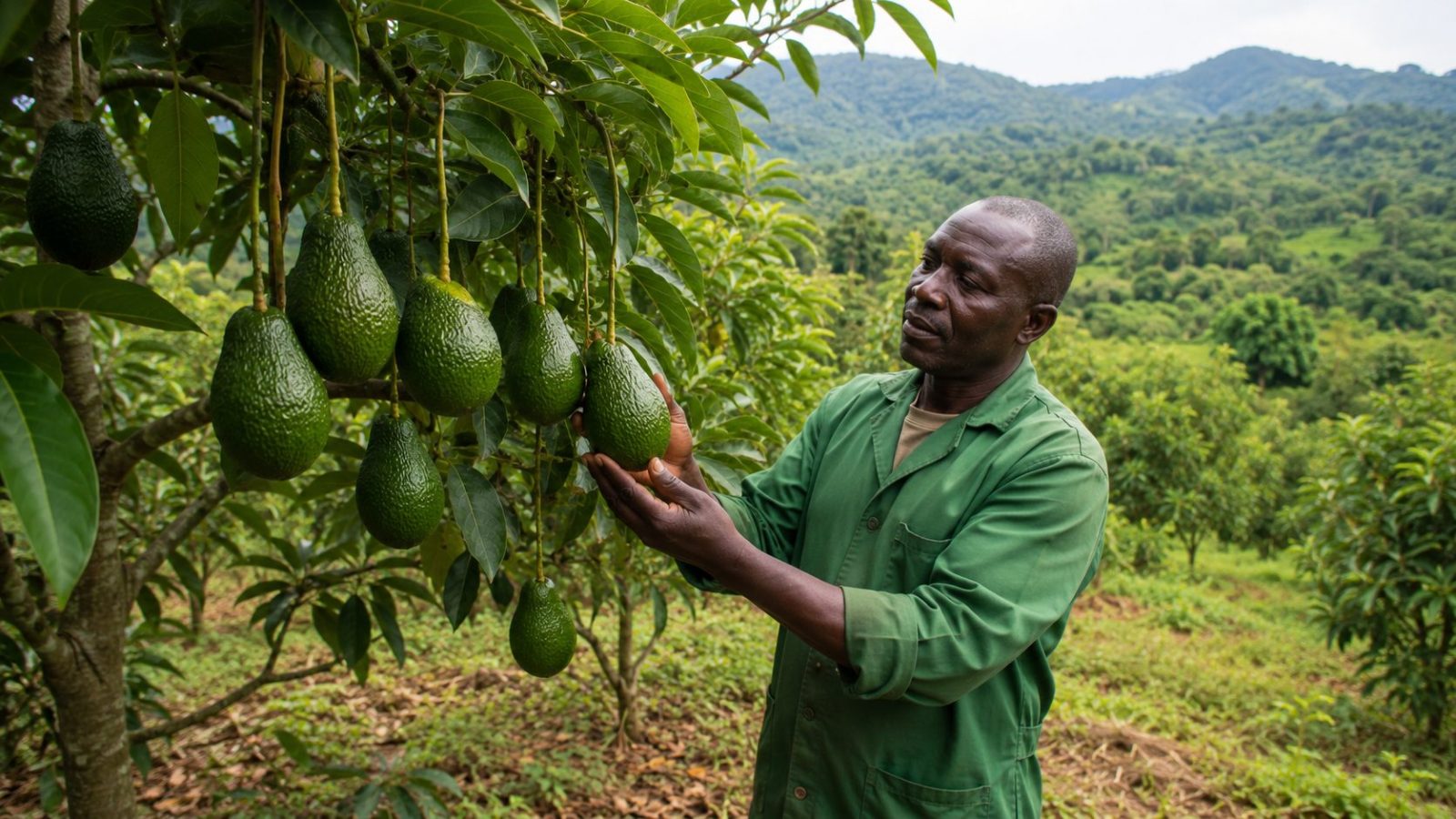 Verger d'avocatiers au Cameroun avec fruits mûrs