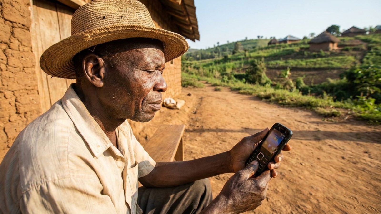 Agriculteur camerounais consultant un contenu simple sur un téléphone à faible débit