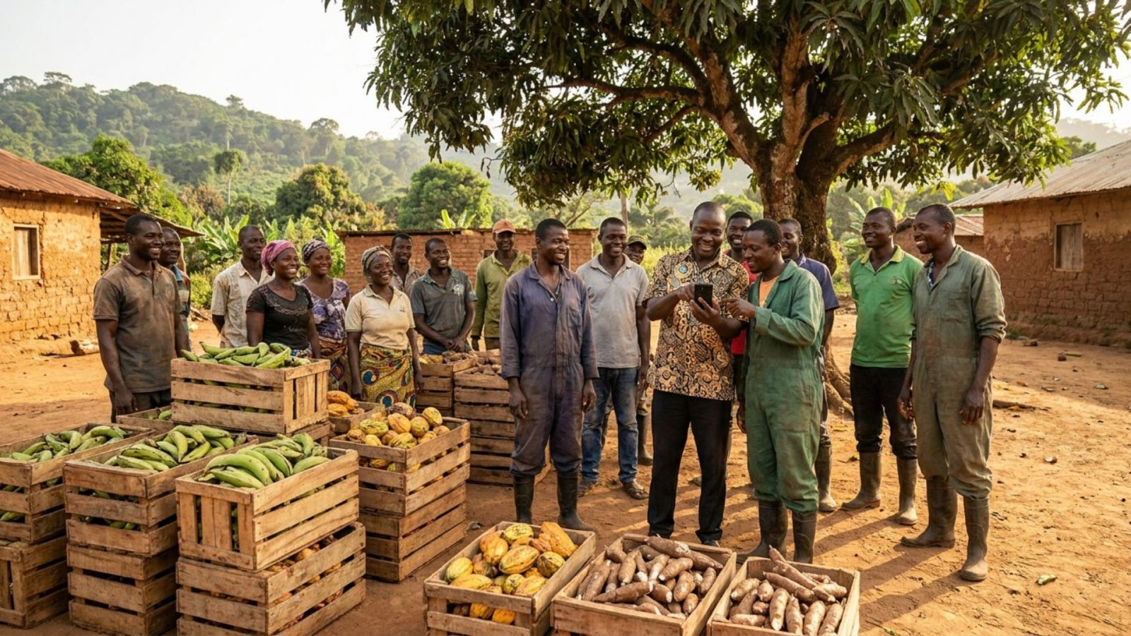 Membres d'une coopérative agricole camerounaise avec leur récolte