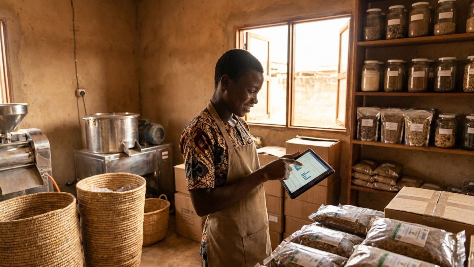 Jeune entrepreneur agroalimentaire camerounais utilisant une tablette dans son atelier