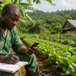 Agriculteur camerounais enregistrant ses données de production sur smartphone