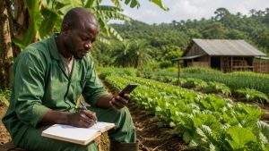 Agriculteur camerounais enregistrant ses données de production sur smartphone