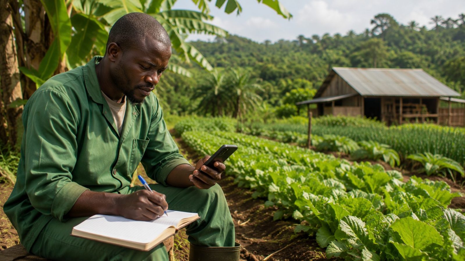Agriculteur camerounais enregistrant ses données de production sur smartphone