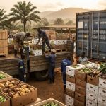 Caisses de produits agricoles africains prêtes pour l'export vers l'Europe