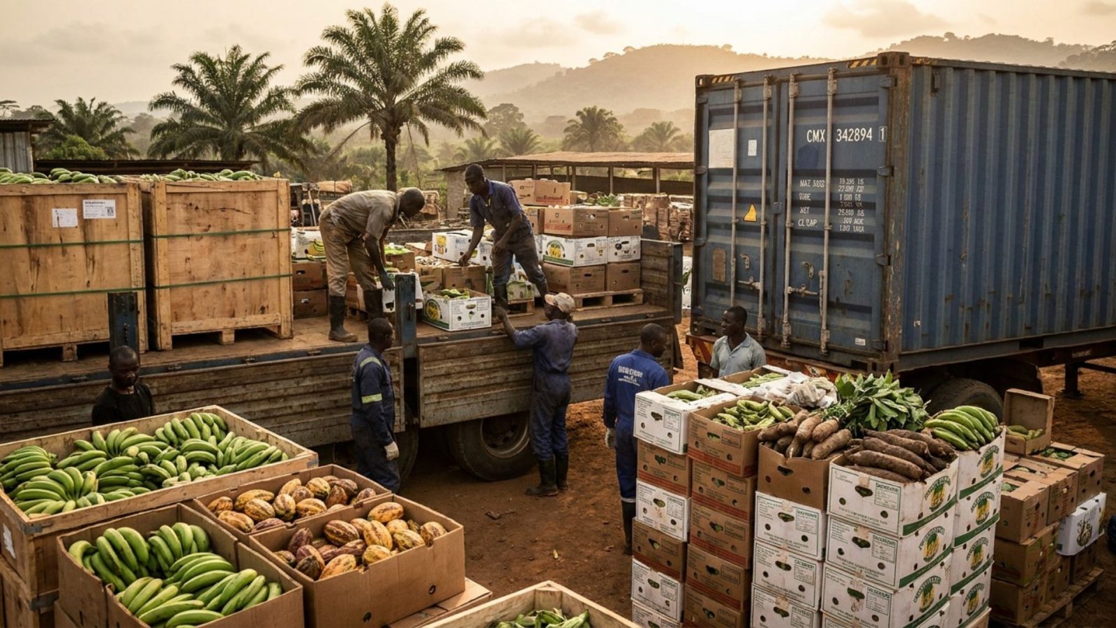 Caisses de produits agricoles africains prêtes pour l'export vers l'Europe