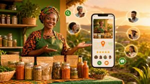 Productrice agroalimentaire africaine présentant ses produits, gagnant en visibilité auprès des clients en ligne