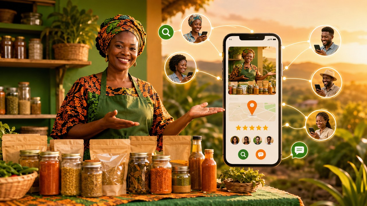 Productrice agroalimentaire africaine présentant ses produits, gagnant en visibilité auprès des clients en ligne