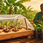 Germoir PIF : fragments de bulbe de plantain produisant des plantules dans la sciure sous bâche, et plants en pépinière