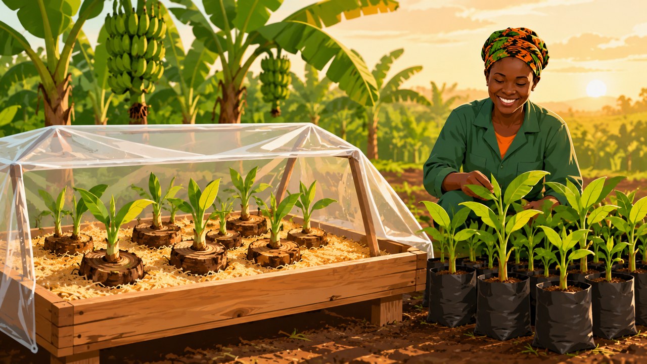 Germoir PIF : fragments de bulbe de plantain produisant des plantules dans la sciure sous bâche, et plants en pépinière
