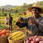 Agriculteur camerounais photographiant sa récolte avec un smartphone pour les réseaux sociaux