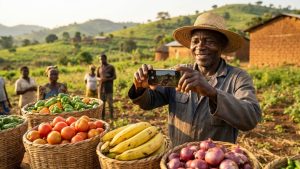 Agriculteur camerounais photographiant sa récolte avec un smartphone pour les réseaux sociaux