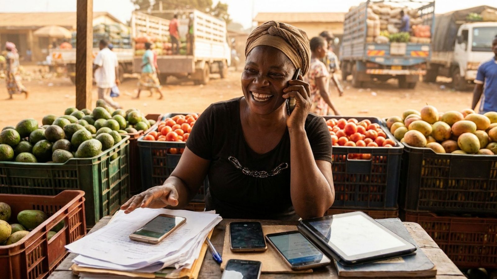 Agripreneur camerounais gérant un afflux de commandes sur son téléphone