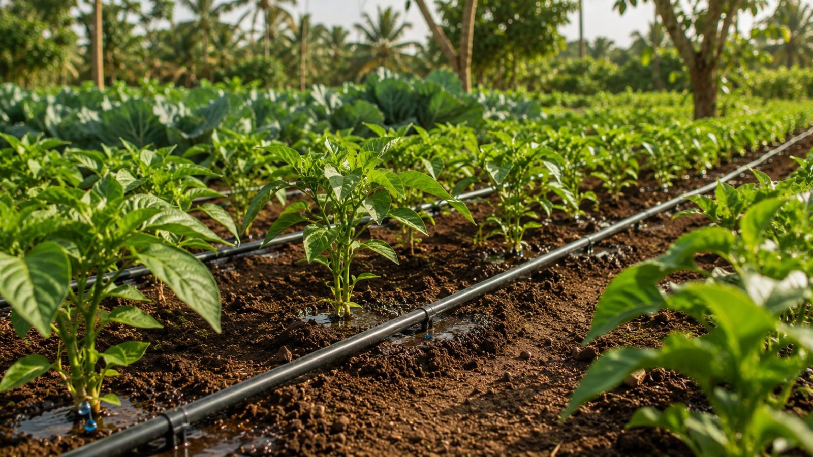 Système d'irrigation goutte-à-goutte dans un champ maraîcher au Cameroun