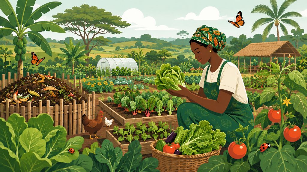 Ferme biologique africaine avec cultures maraîchères diversifiées