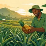 Agriculteur inspectant des ananas mûrs dans une plantation au Cameroun