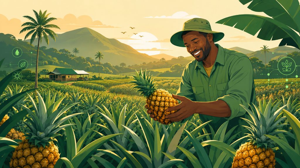 Agriculteur inspectant des ananas mûrs dans une plantation au Cameroun