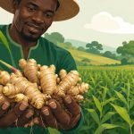 Rhizomes de gingembre frais récoltés dans les mains d'un producteur camerounais