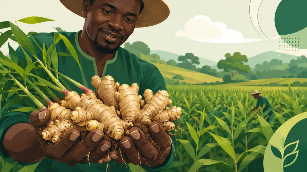 Rhizomes de gingembre frais récoltés dans les mains d'un producteur camerounais