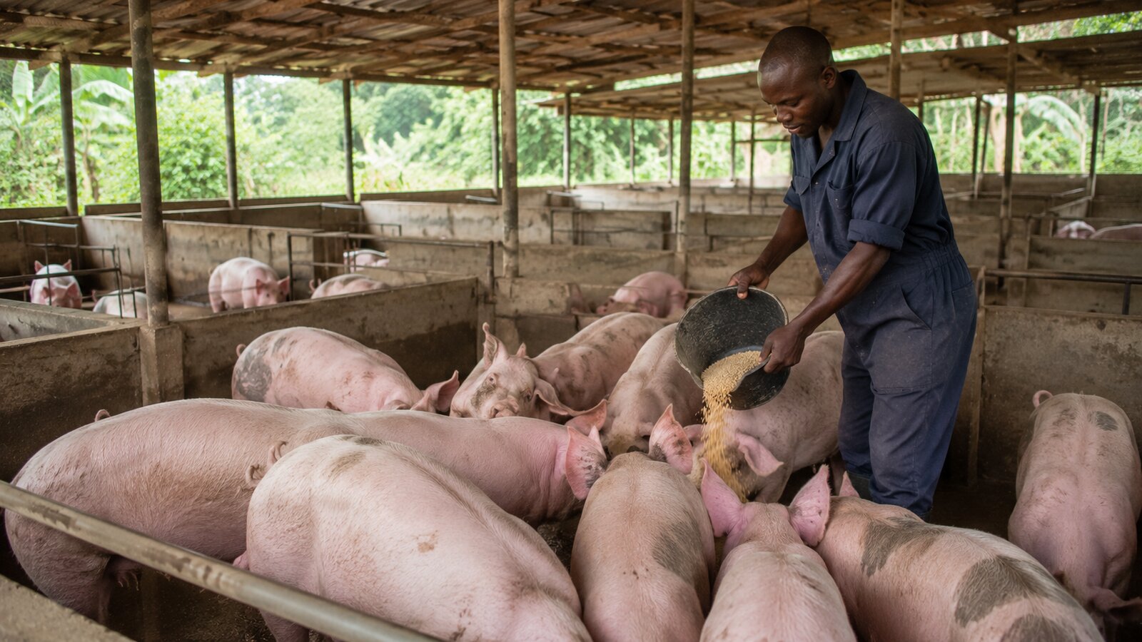 Éleveur nourrissant des porcs dans une ferme porcine au Cameroun