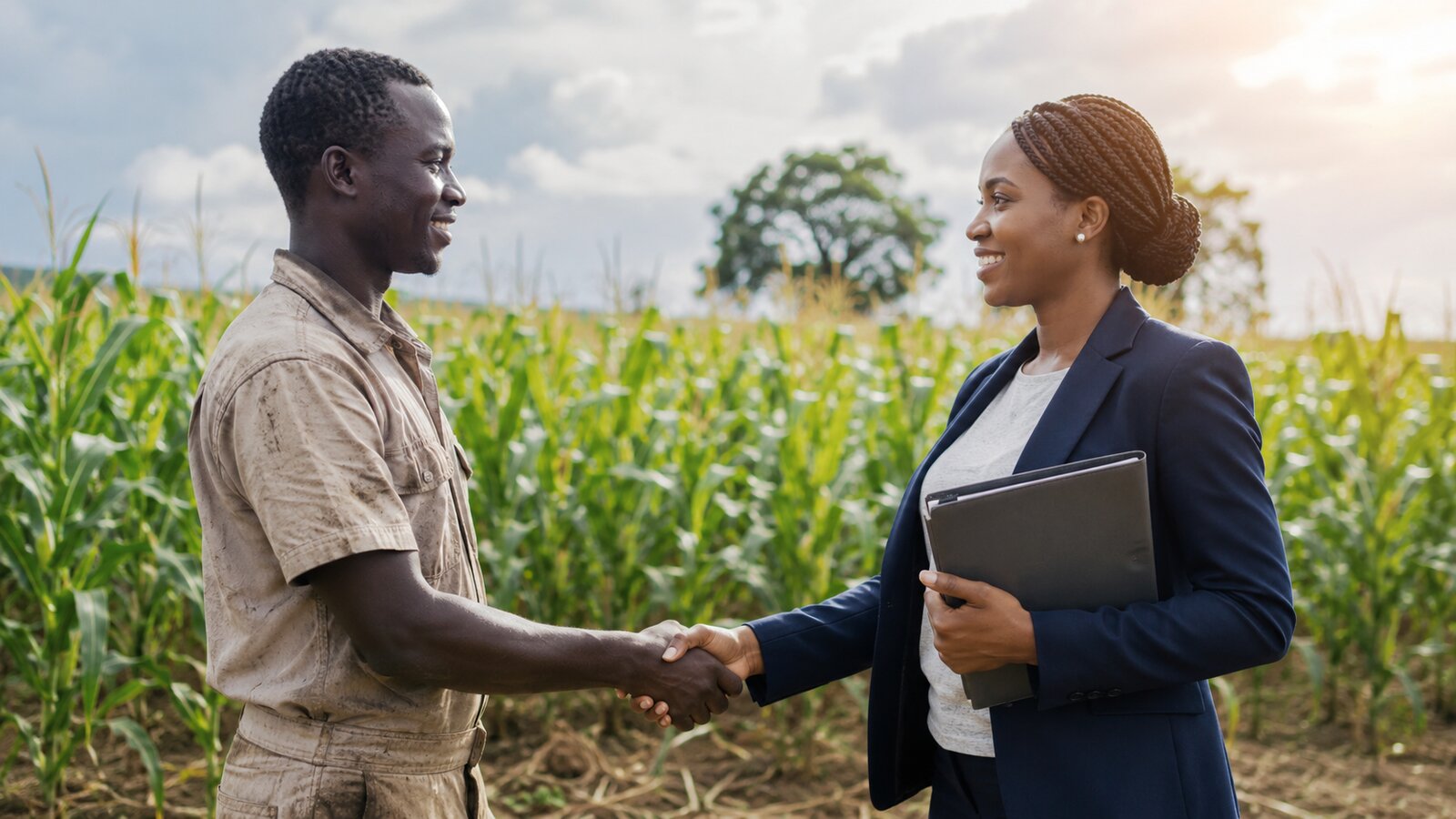 Jeune agriculteur camerounais serrant la main d une conseillère de banque devant un champ