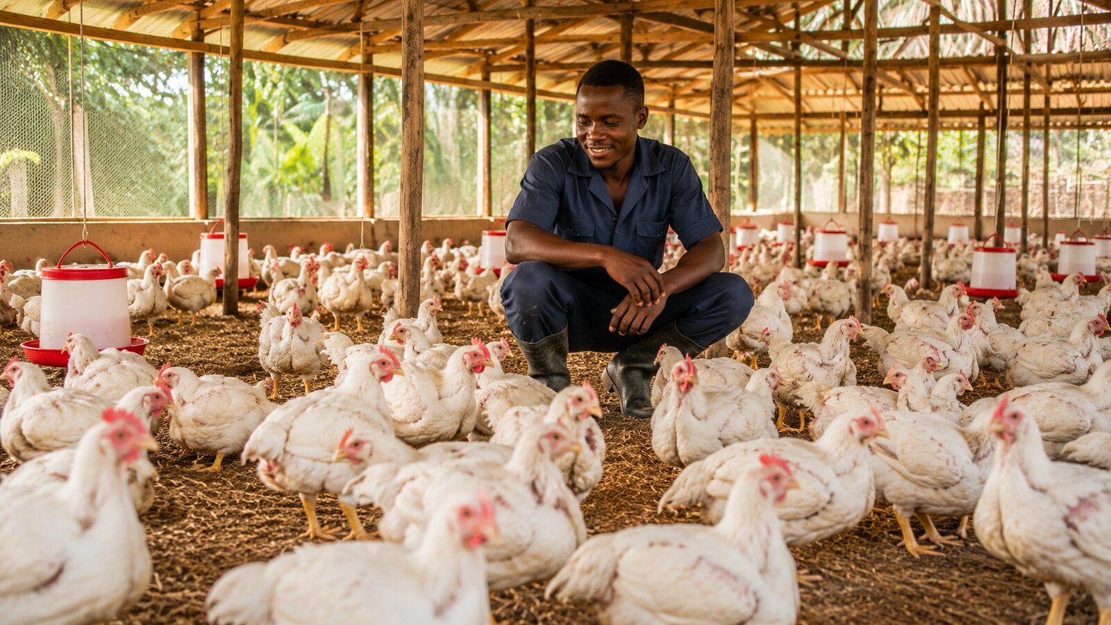 Éleveur dans un poulailler de poulets de chair au Cameroun