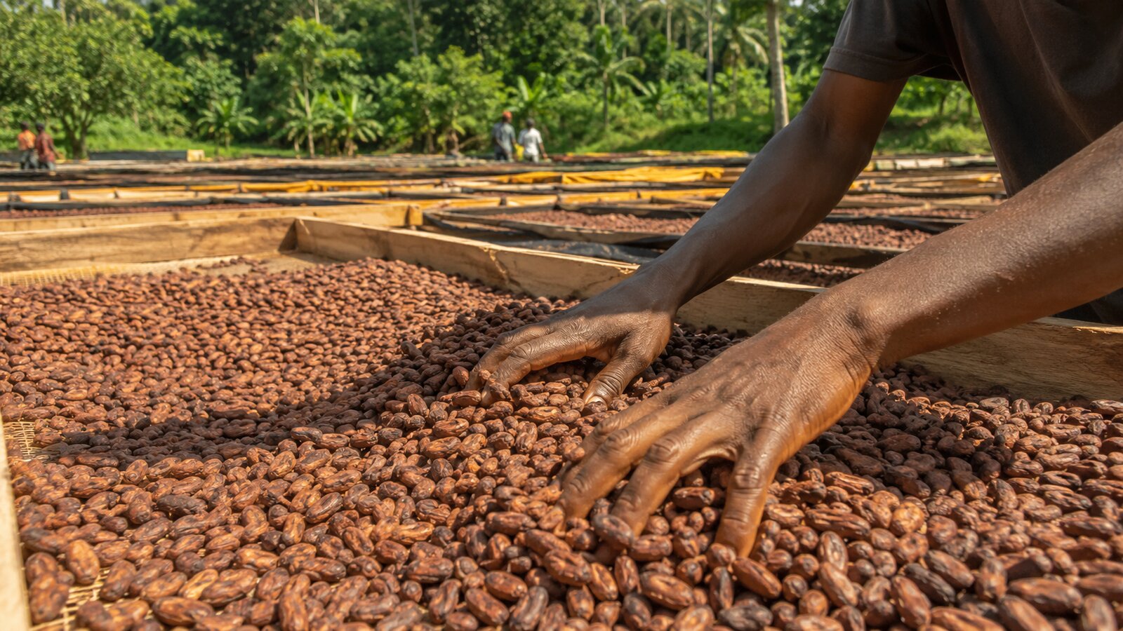 Fèves de cacao séchant au soleil au Cameroun
