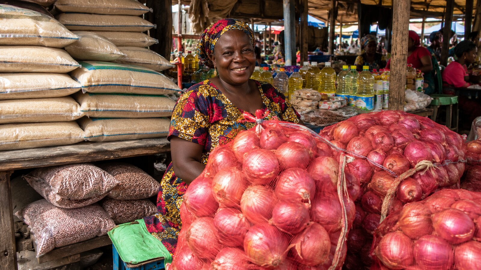 Sacs d'oignons et de riz sur un marché camerounais