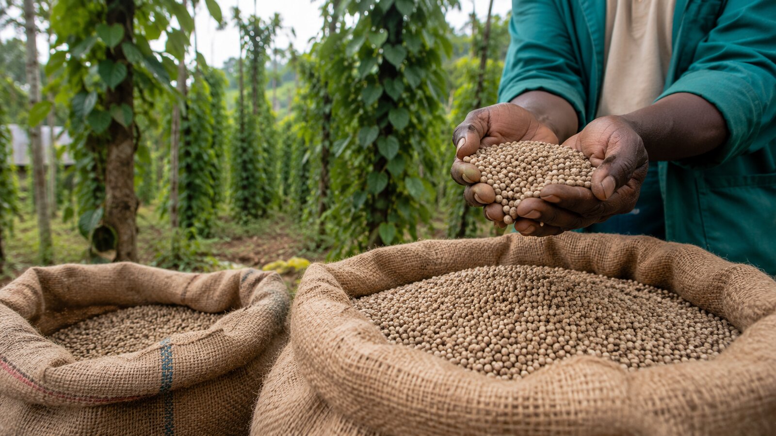 Poivre blanc de Penja dans les mains d'un producteur camerounais