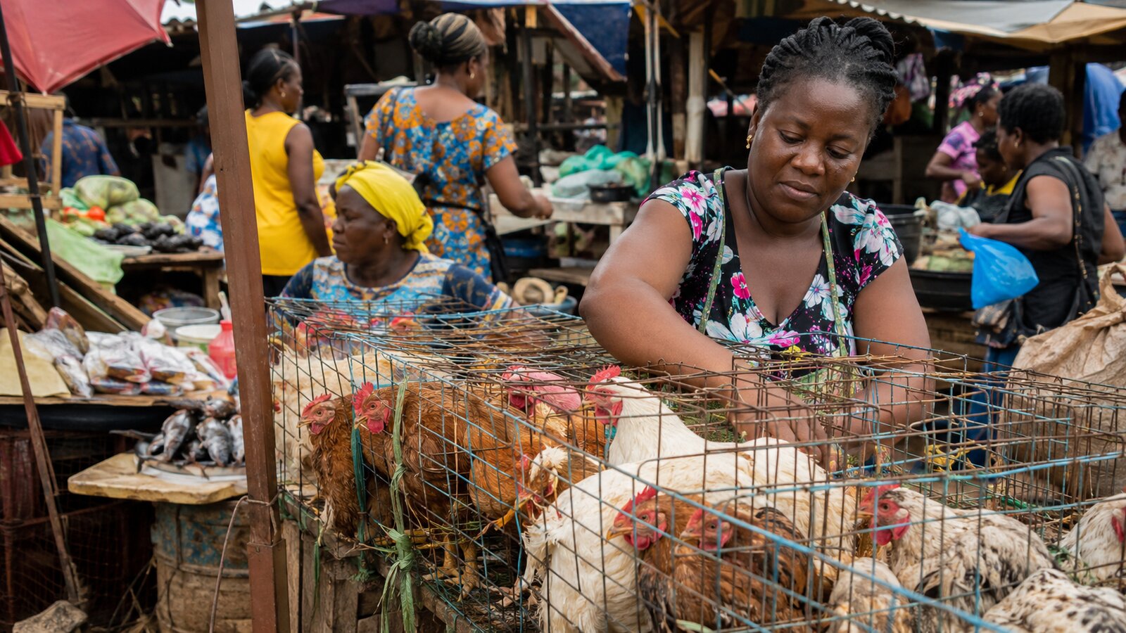 Poulets de chair sur un marché camerounais