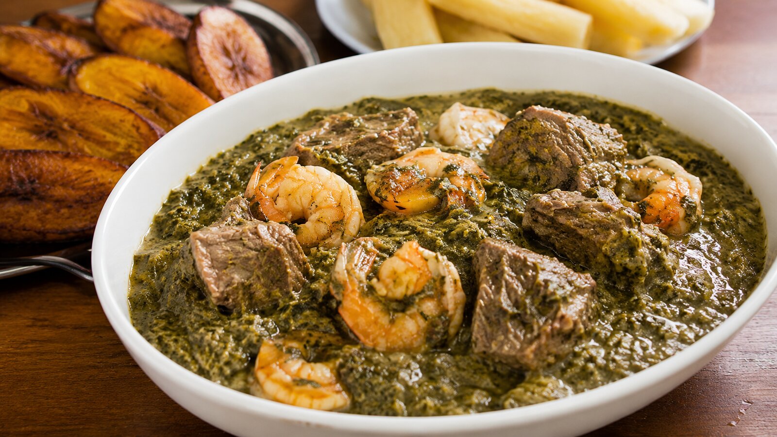 Plat de ndolé camerounais aux crevettes avec plantains frits