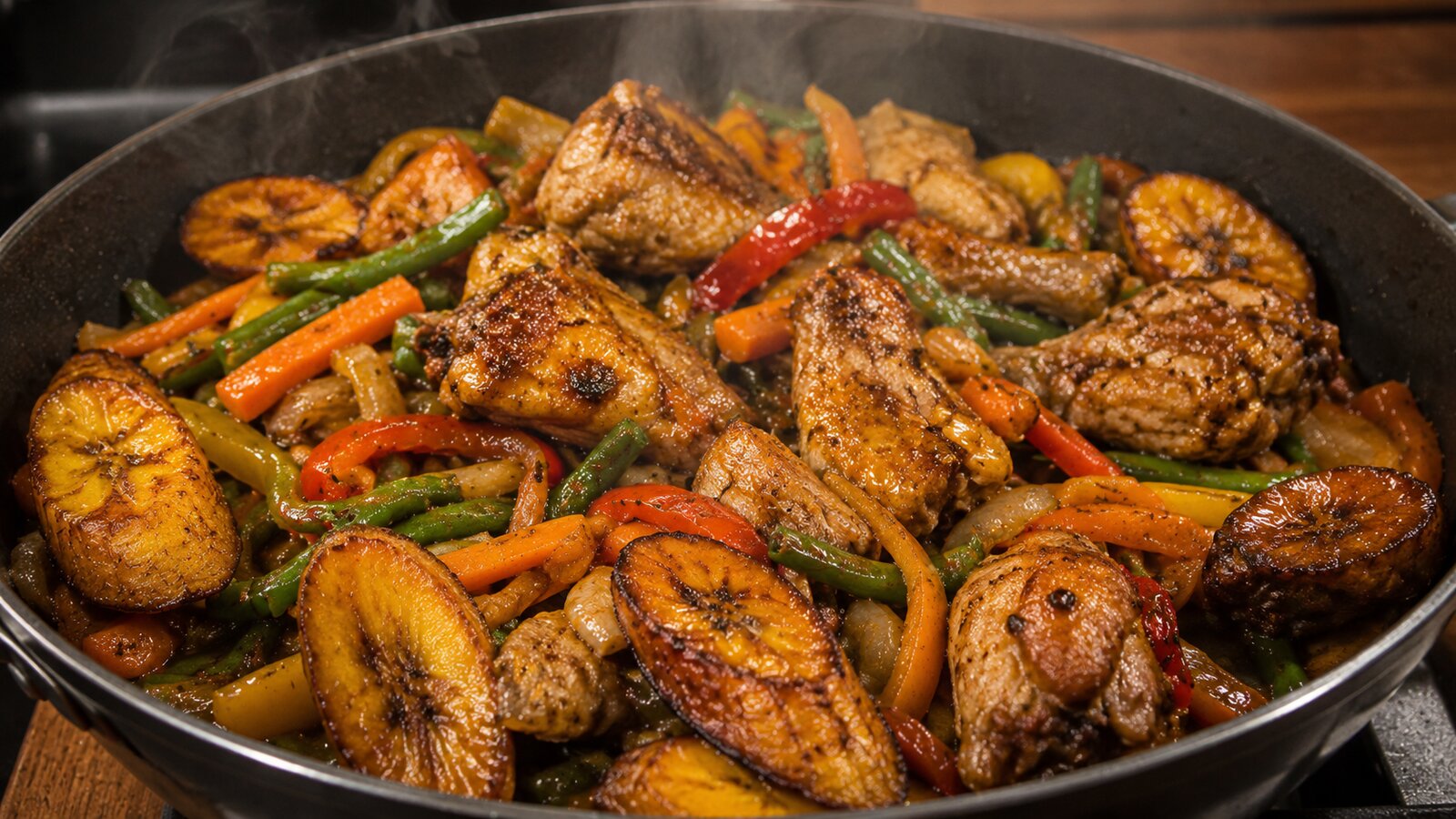 Poulet DG camerounais avec plantains frits et légumes