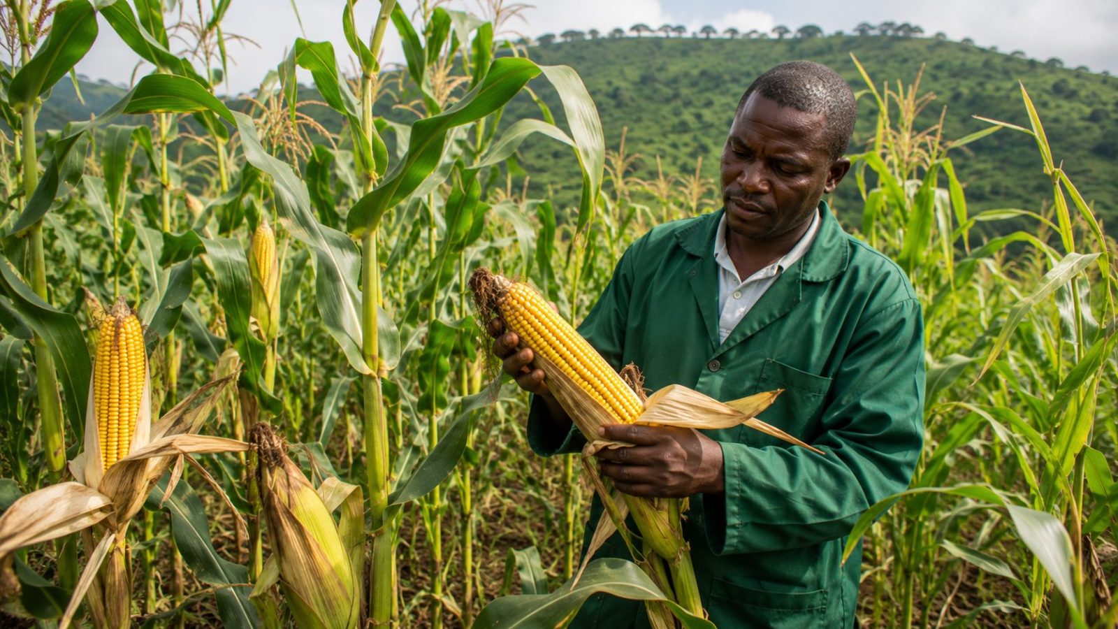 Champ de maïs au Cameroun avec un agriculteur