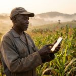 Agriculteur camerounais publiant au lever du soleil dans son champ