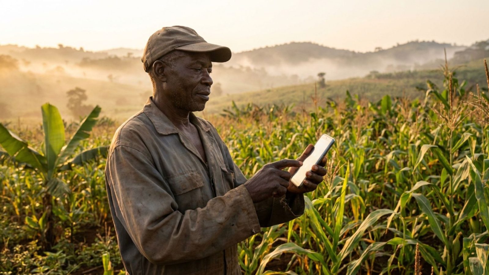 Agriculteur camerounais publiant au lever du soleil dans son champ