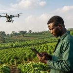 Agriculture de précision au Cameroun : drone survolant des champs et agriculteur consultant des données